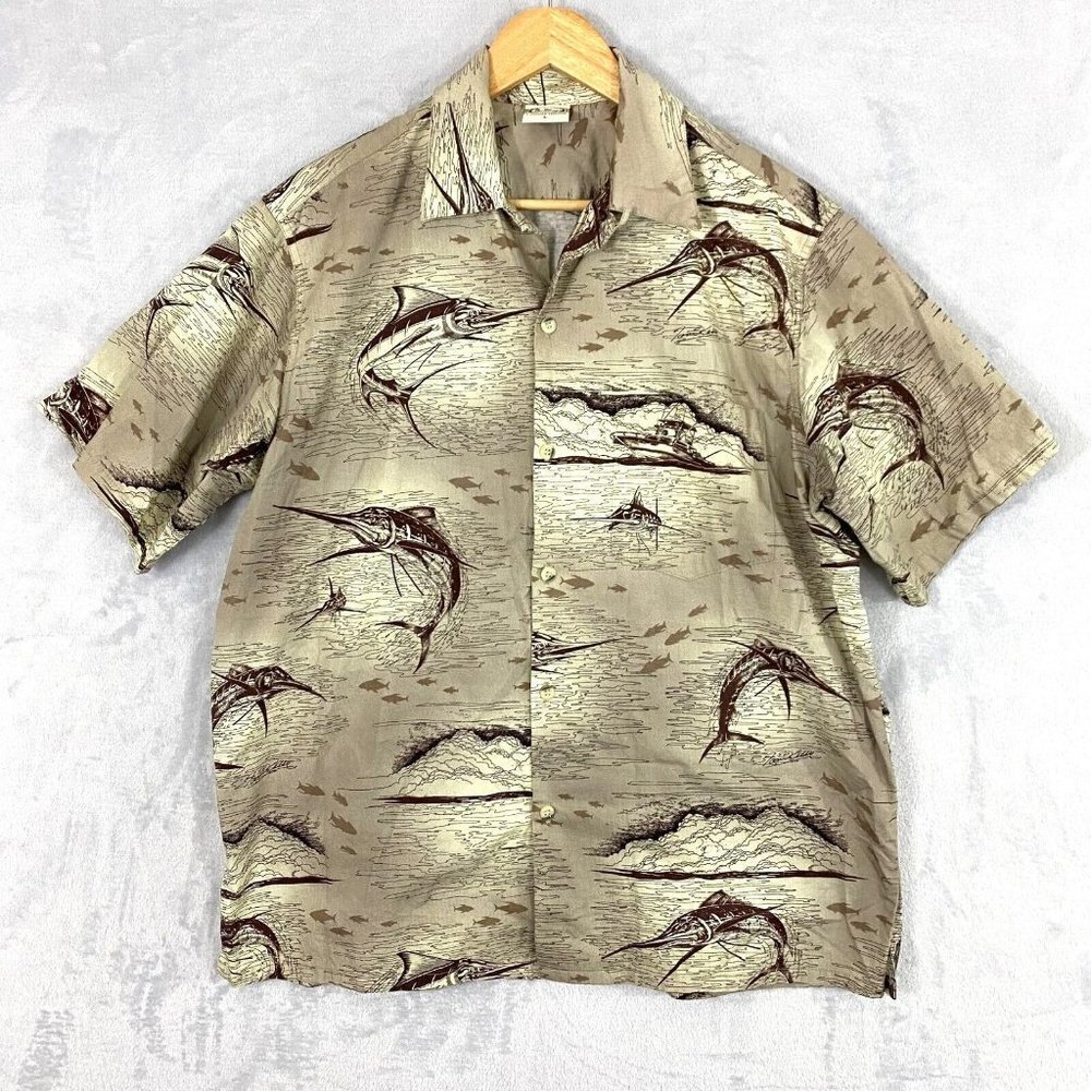 Go Barefoot Hawaiian Fish Shirt Mens Large Short Sleeve Button Up Tan Swordfish